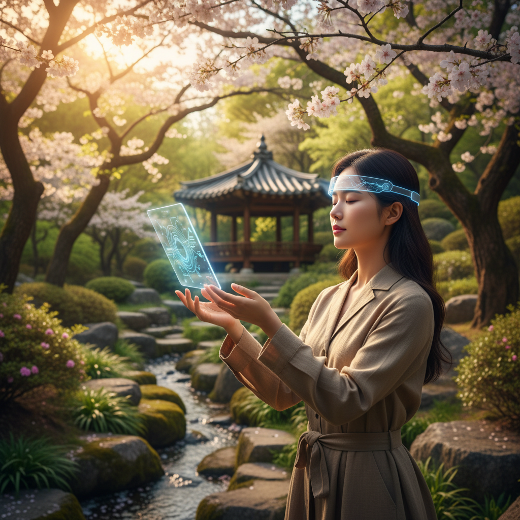 A Korean person interacting with a sleek, futuristic smart device that subtly integrates brain-computer interface technology, showcasing cognitive enhancement. Lifestyle photography, warm lighting, natural setting, rich background, no visible text