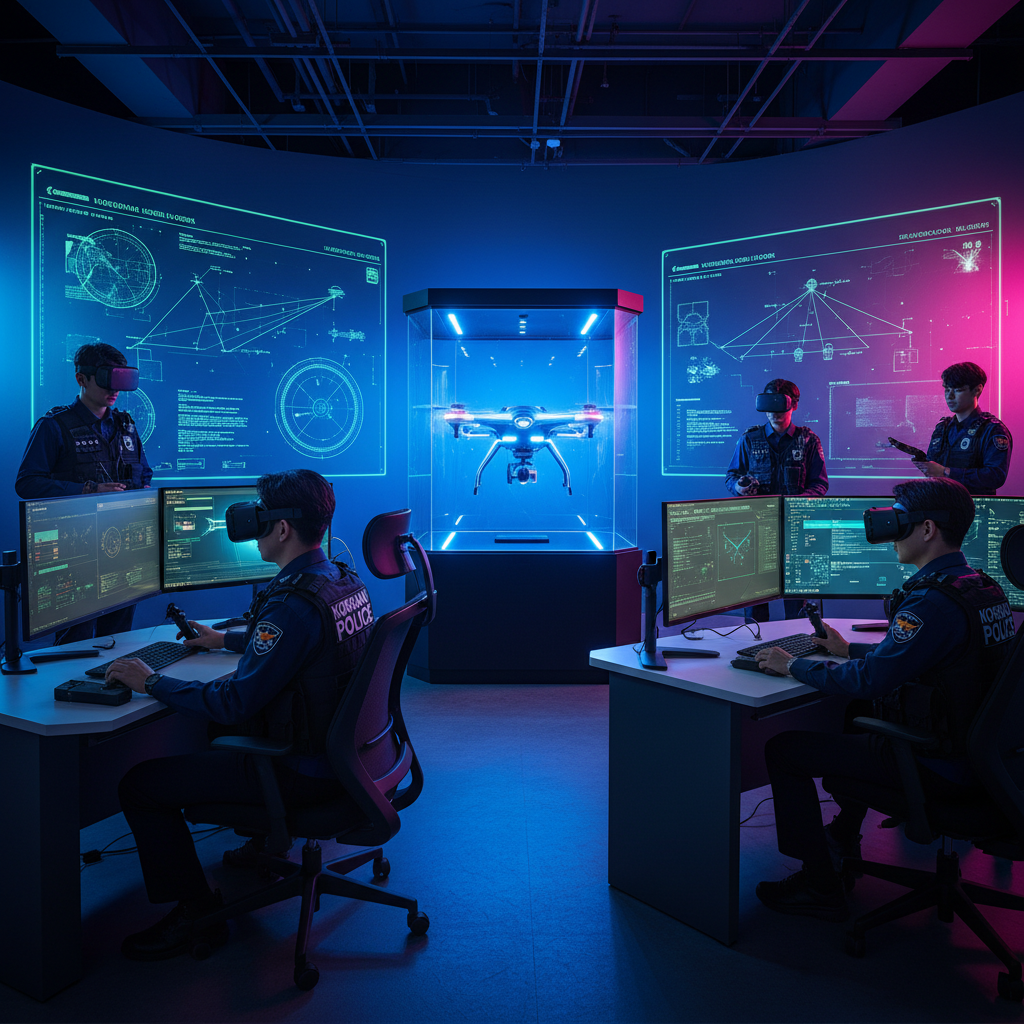 Korean police officers undergoing advanced training with drone technology and cybersecurity simulations, modern layout, high contrast, colored background, no text, 4:3 aspect ratio