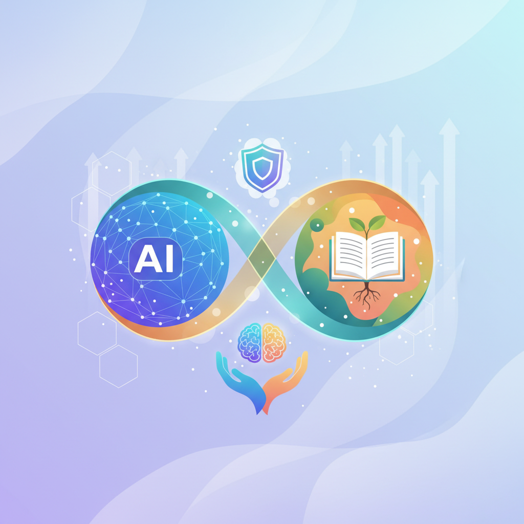 Abstract representation of ethical AI use in future education, showing a balanced interaction between AI and human intelligence, clean infographic style, soft gradient background, no text, visually rich composition.