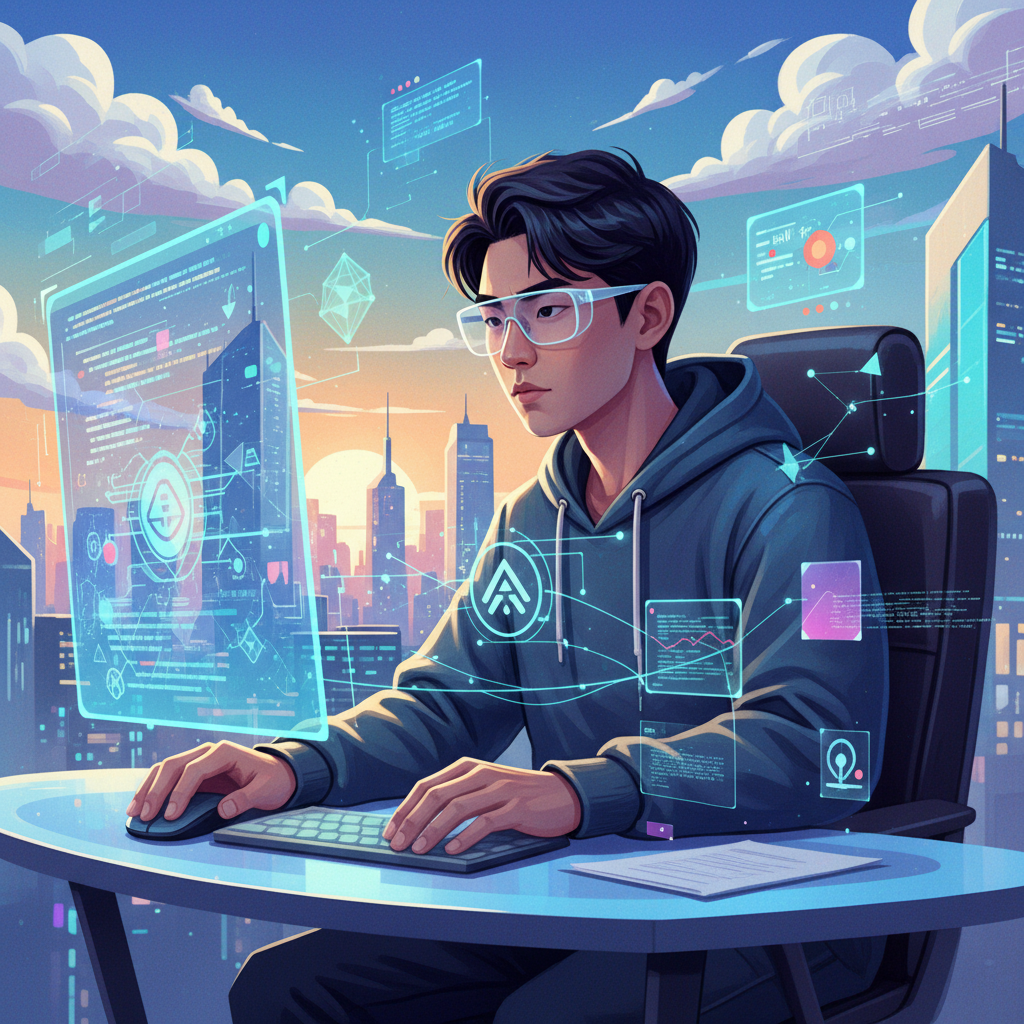 A modern illustration depicting a Korean developer learning new AI technologies. The developer is focused on a screen displaying code and AI agent concepts. Emphasize learning and adaptation in a futuristic setting. Artistic rendering, textured background, bright balanced lighting, no visible text.