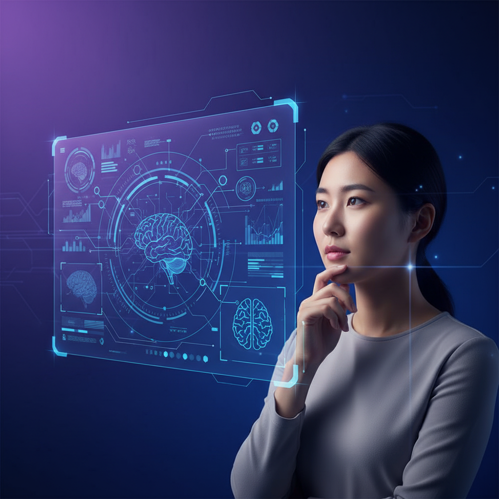 A Korean person, deep in thought, looking at futuristic interfaces that subtly show brain-computer interface concepts, clean infographic style, high contrast, blue and purple gradient background, no visible text