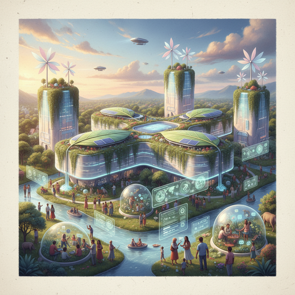 illustration, artistic rendering, textured background, a futuristic data center facility interacting with a diverse community, showing both technological progress and environmental harmony, soft lighting, no visible text, 1:1 aspect ratio