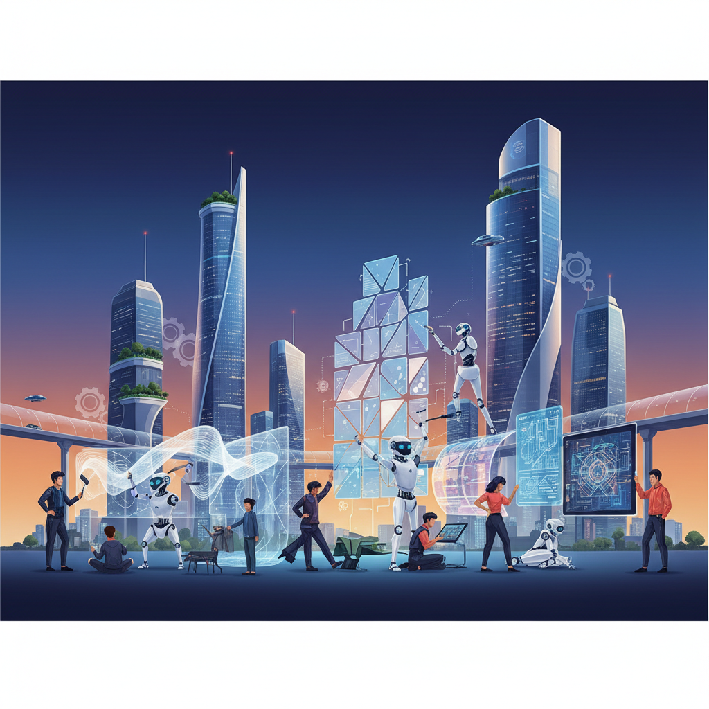 A futuristic city landscape where a diverse group of people of Korean appearance and advanced AI robots are collaboratively creating intricate art pieces, emphasizing harmony and shared innovation. Clean infographic, modern layout, high contrast, gradient background, no text. Aspect Ratio: 4:3