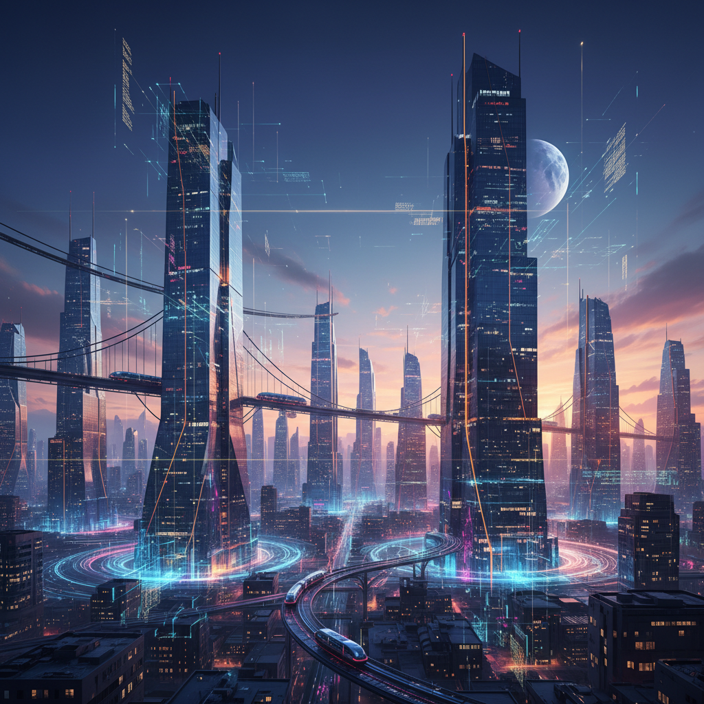 Futuristic city skyline at dusk, with subtle digital overlays representing complex AI influence and data networks, rich colors, intricate details, colored gradient background, no text, 4:3 aspect ratio