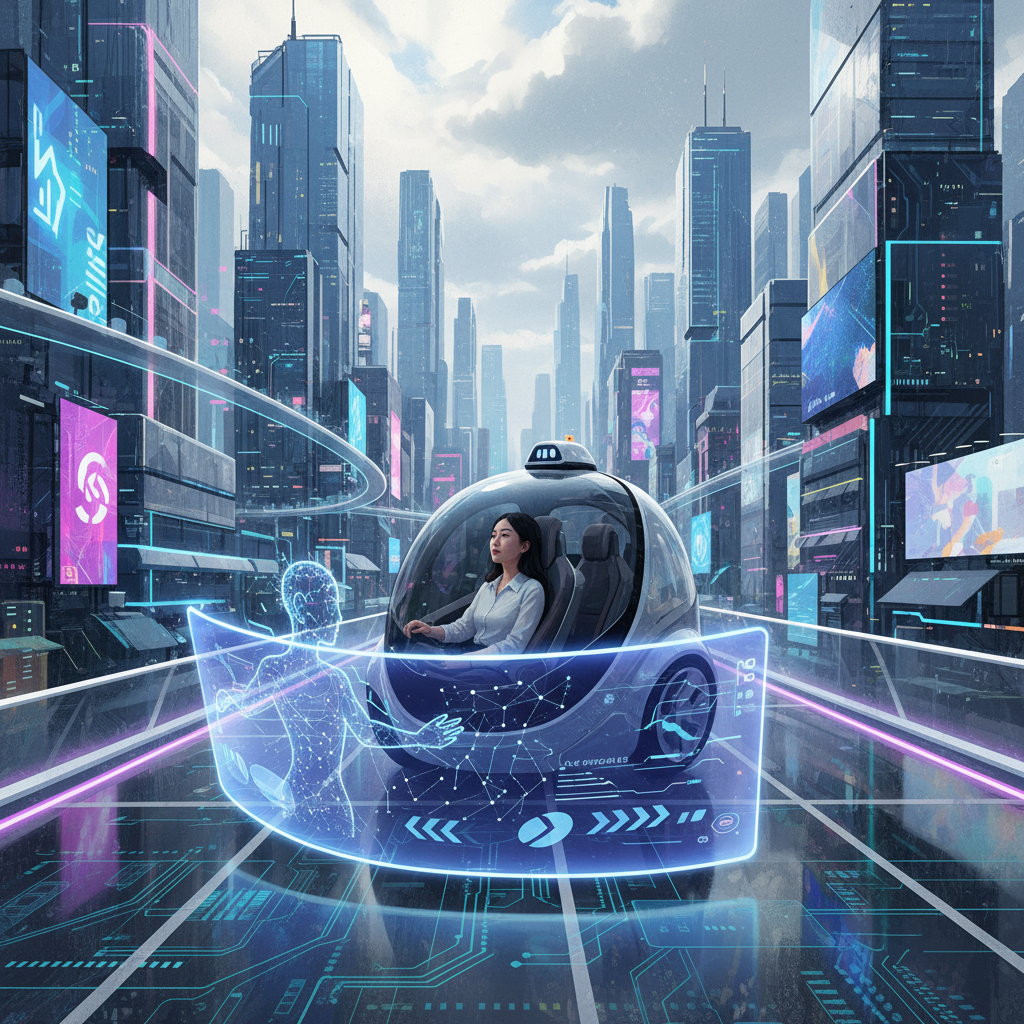 Futuristic cityscape with Waymo robotaxis driving autonomously, inside one, a Gemini AI assistant provides information to a Korean passenger on a sleek screen, technological illustration, artistic rendering, textured background, centered focus, no visible text in image
