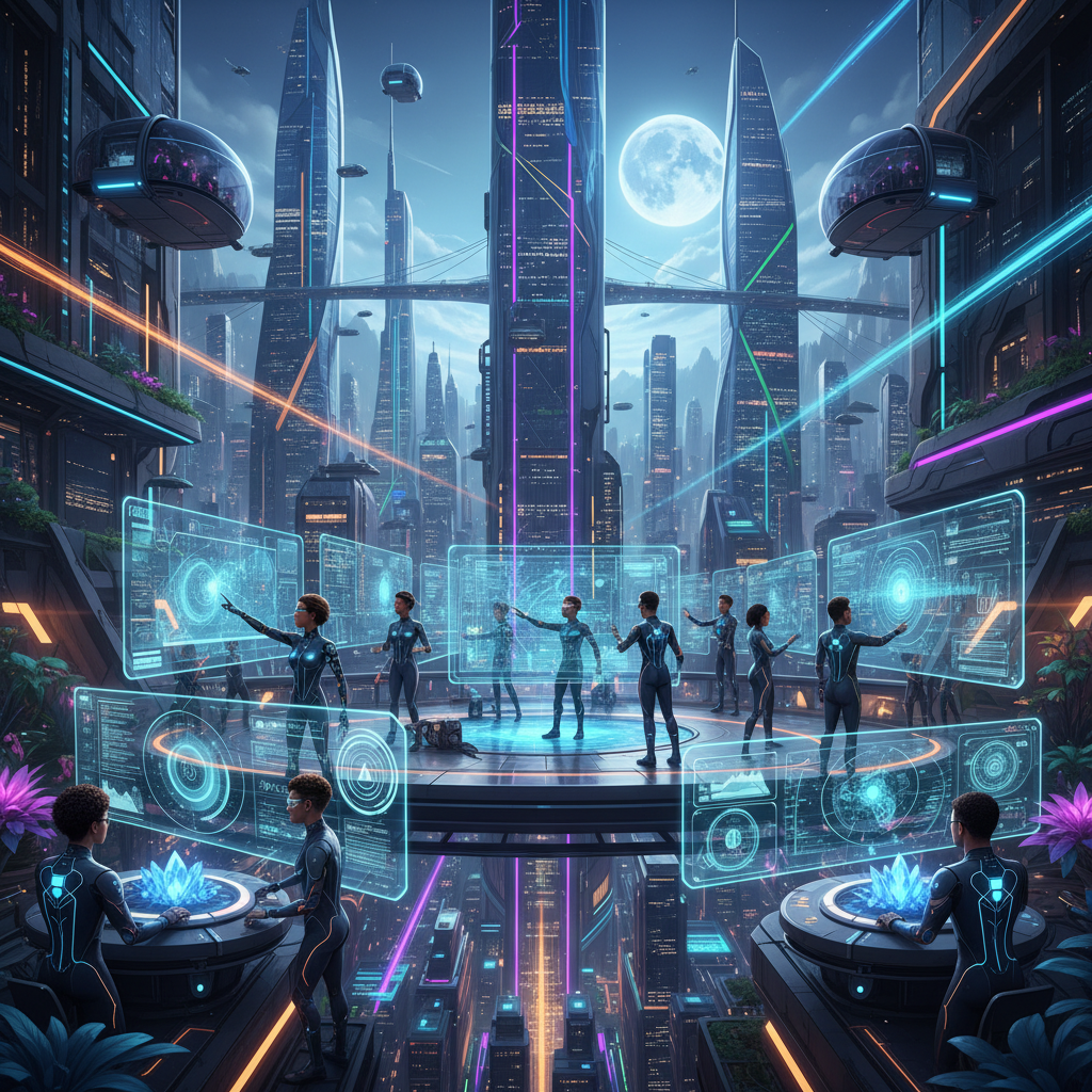 A futuristic city setting where AI data professionals are collaboratively working on a complex project, vibrant and detailed, colored background, no text
