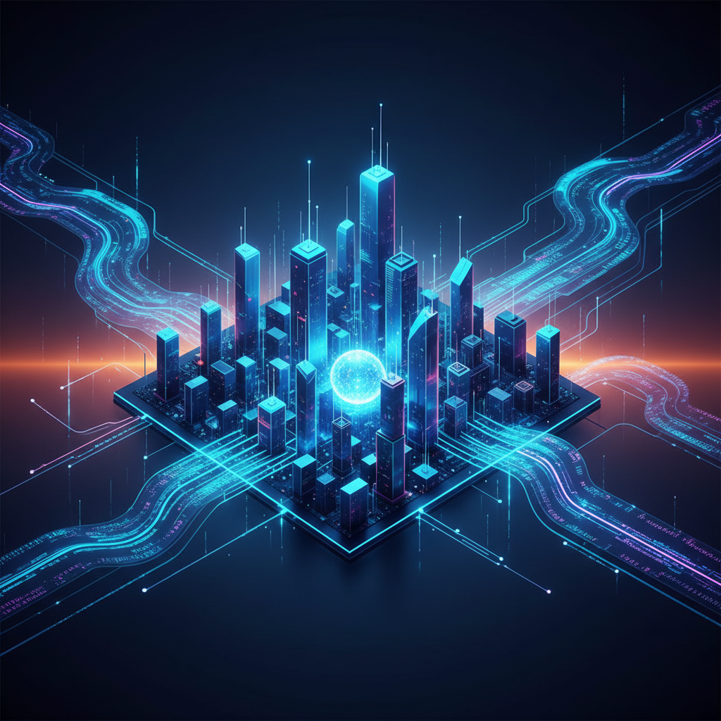 A futuristic cityscape with data streams flowing like rivers through buildings, representing a knowledge system built by AI. Clean infographic, modern layout, high contrast, colored background, centered focus, no text.