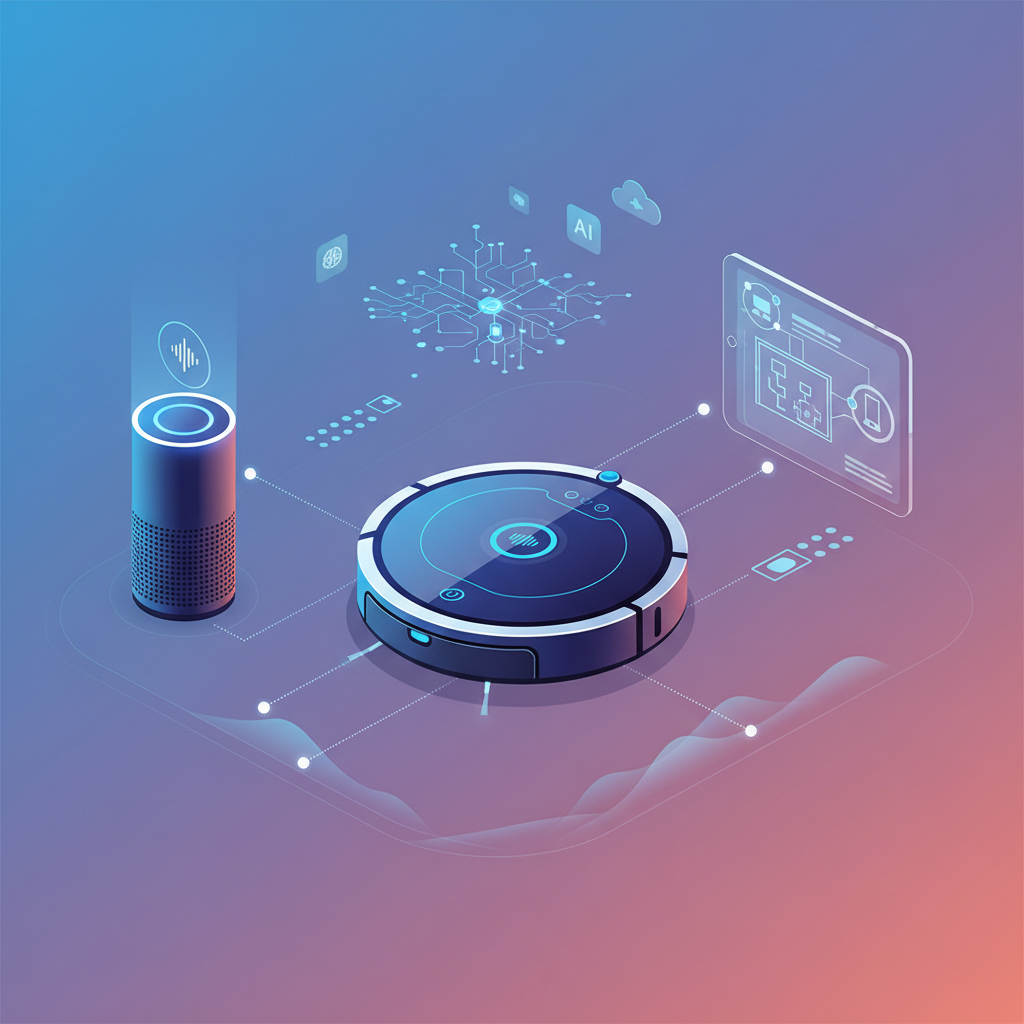 A futuristic illustration of a sleek robot vacuum cleaner integrating with smart home devices like a smart speaker and tablet, showing AI and IoT connectivity, modern layout, gradient background, no text