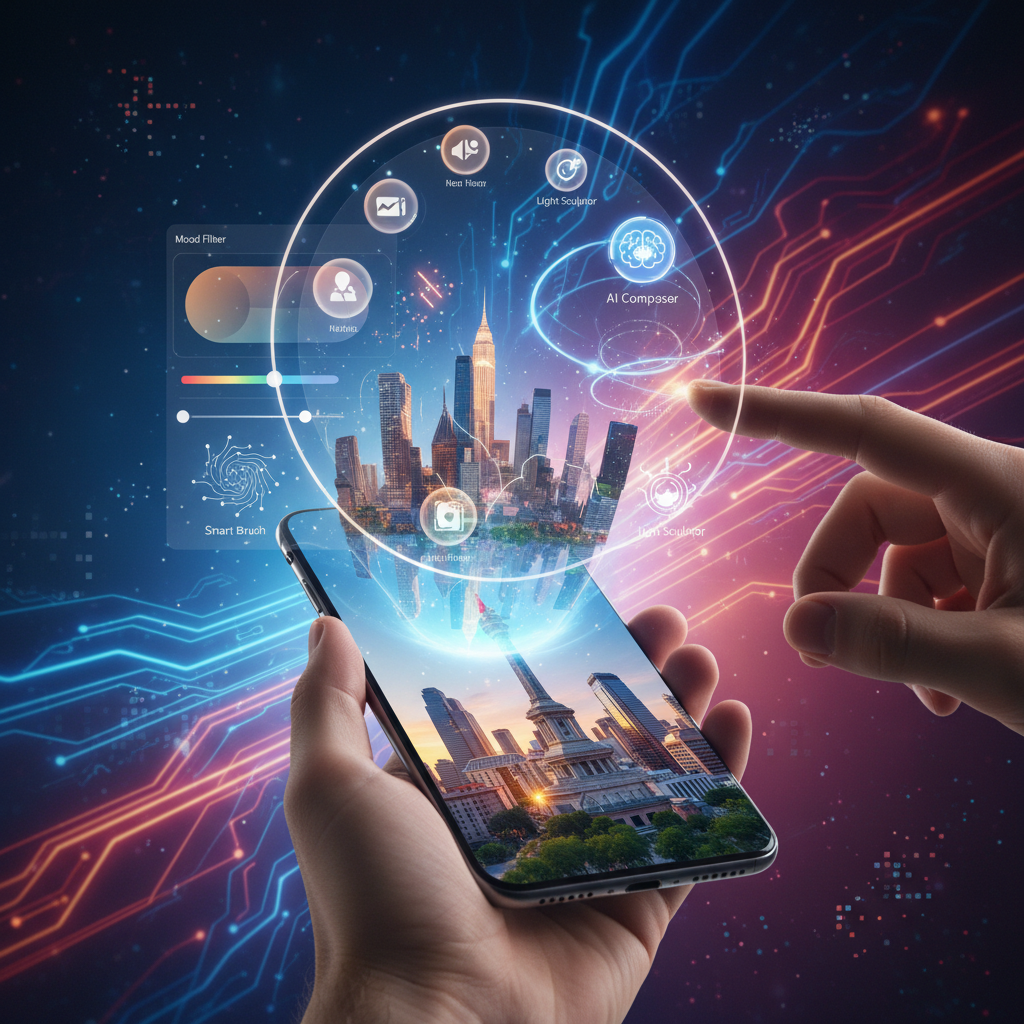 A visually rich scene depicting the future of mobile photography and creative tools, with subtle AI elements integrated into a user-friendly interface. Centered focus, detailed composition, vibrant colored background, no text.