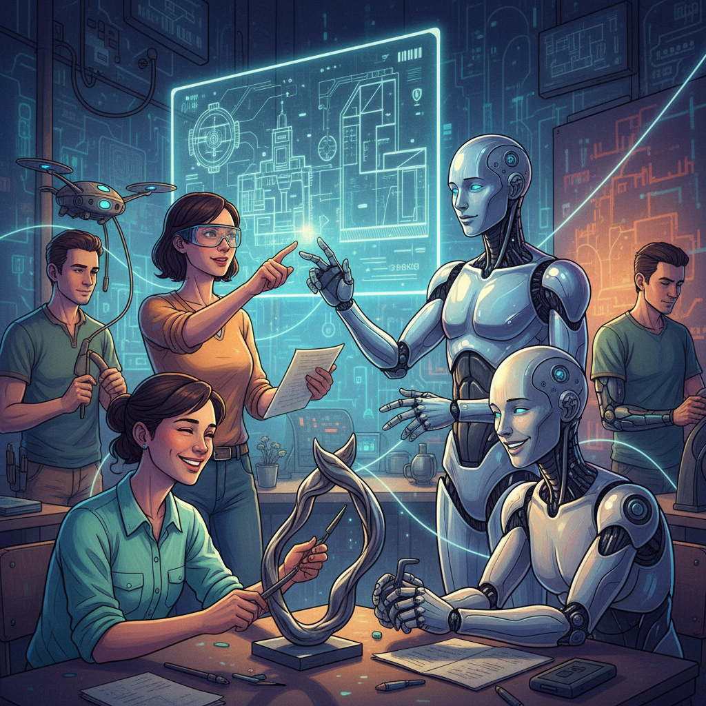 A futuristic scene where humans and AI collaborate harmoniously on complex tasks, showing mutual respect and complementary skills. Style: illustration, artistic rendering, textured background. No visible text in image. Never use Korean characters.
