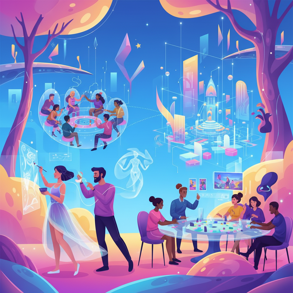 A vibrant and futuristic illustration showing people engaging in various creative and social leisure activities, bright, balanced lighting, colored background, no text