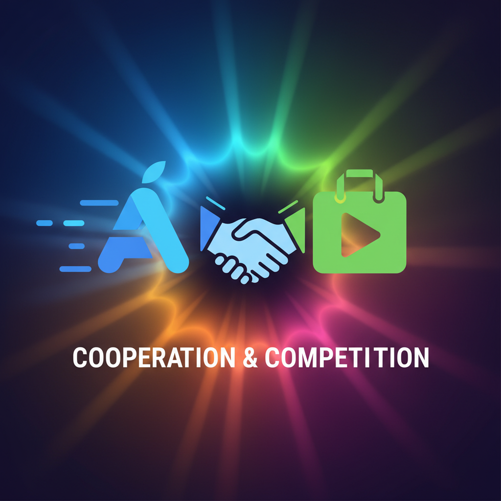 Two stylized app store logos shaking hands against a vibrant gradient background symbolizing cooperation or competition clean infographic modern layout high contrast