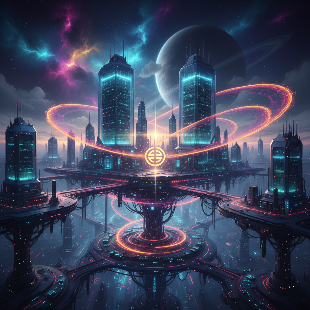 A futuristic cityscape with advanced data centers and glowing energy grids, representing the vision of a new merged company leading the future energy market, detailed composition, vibrant colored background, no text