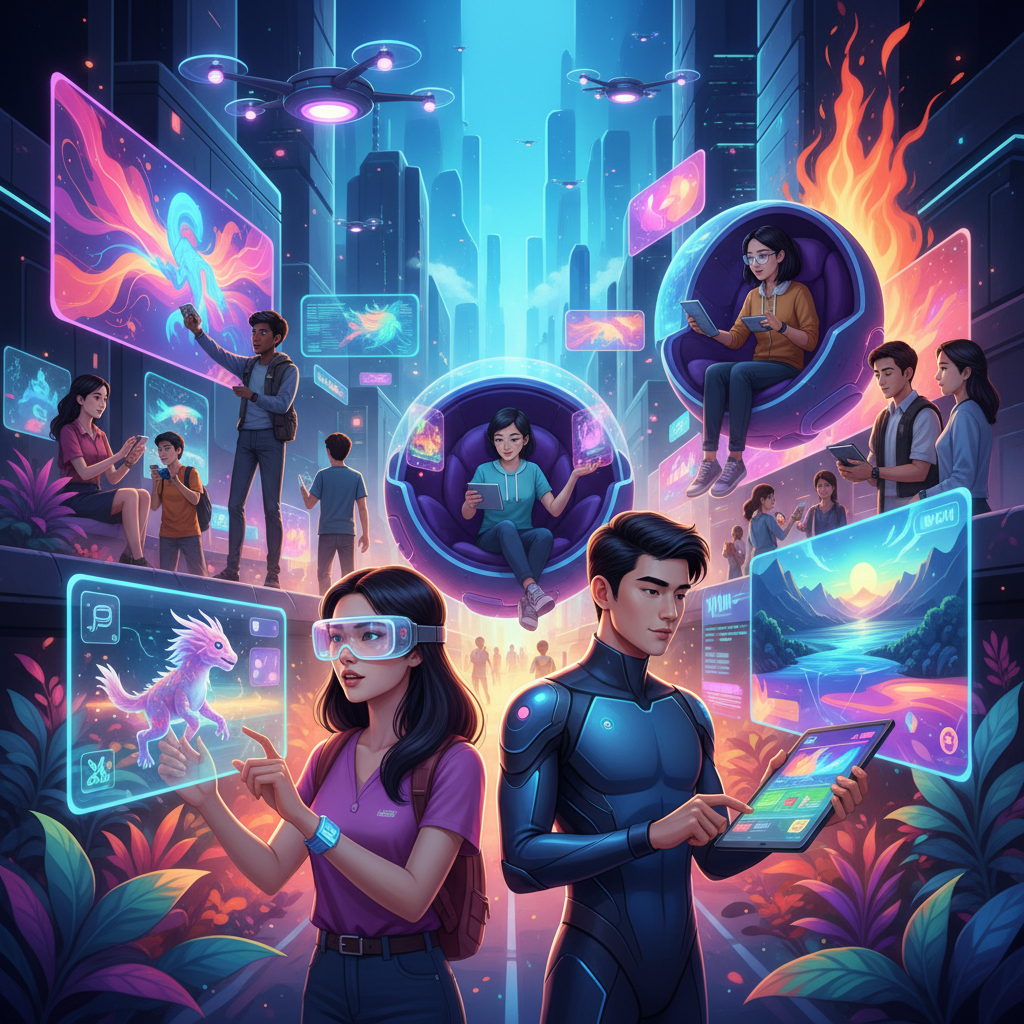A futuristic, vibrant illustration showing a diverse group of people (Korean appearance) experiencing interactive, AI-generated entertainment content through various devices in a modern, colorful setting. Detailed composition, gradient background, no text, centered focus, no empty margins, bright, balanced lighting.
