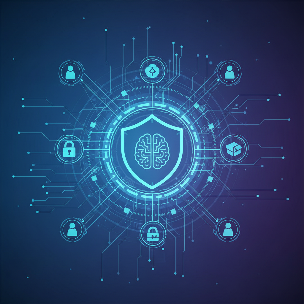 A realistic clean infographic, modern layout, high contrast, illustrating advanced cybersecurity measures and AI-powered defense systems protecting users in a futuristic digital environment, with interconnected data lines on a blue-purple gradient background. The lighting is bright and balanced, with a centered focus and minimal empty margins. No visible text in image.