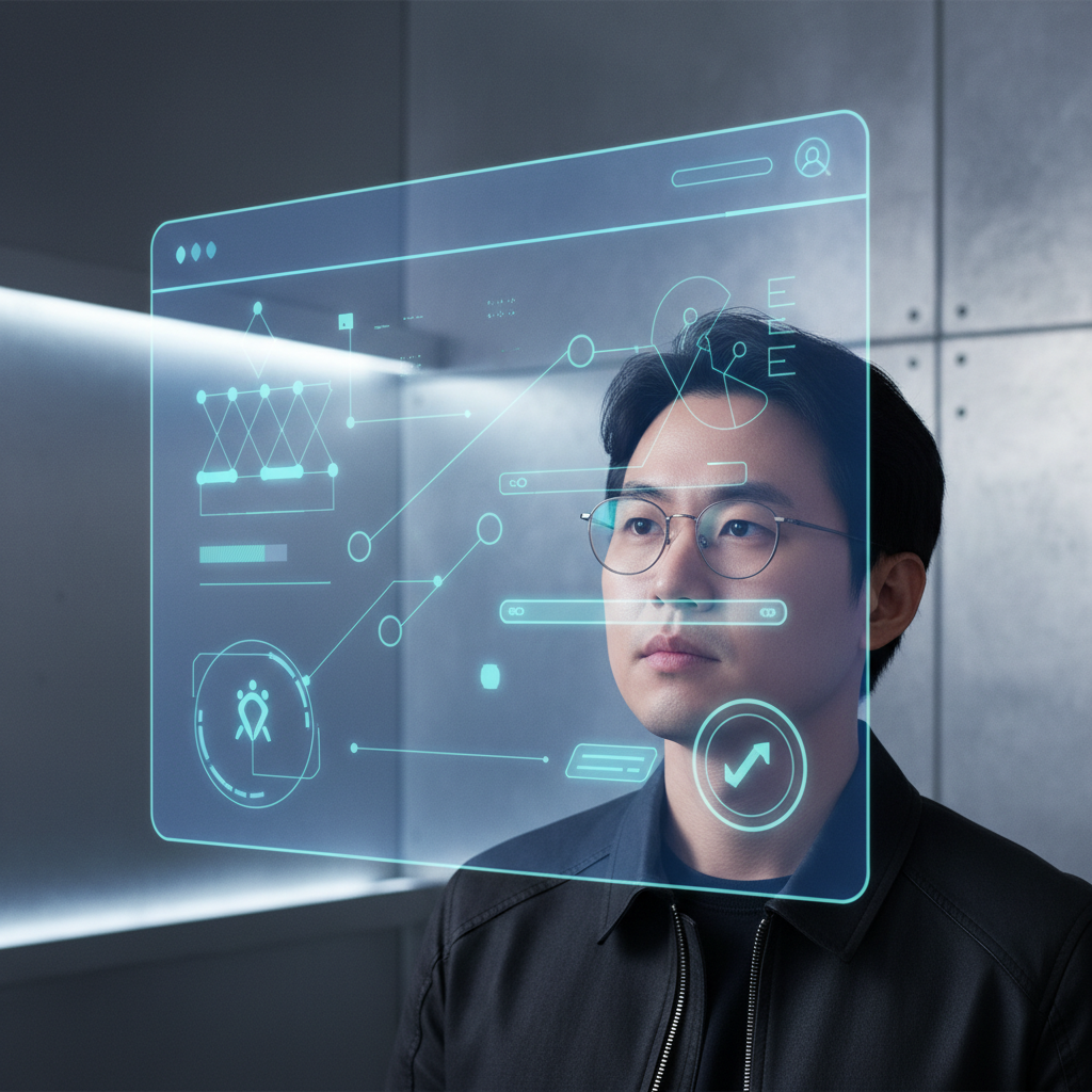 A person looking at a holographic projection of a futuristic web interface, thoughtful expression, clean infographic style, textured background, no text, Korean appearance