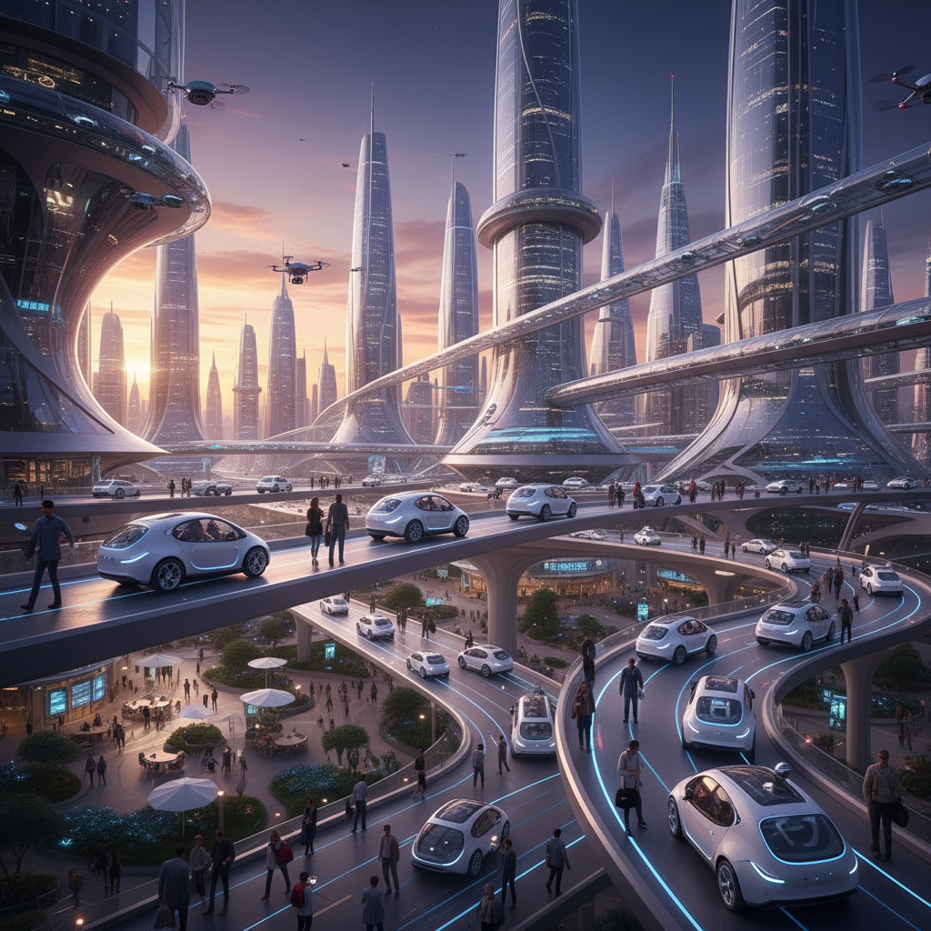 A futuristic cityscape with many self-driving vehicles (Waymo-like) seamlessly integrated, showing everyday life, detailed composition, colored background, no visible text.