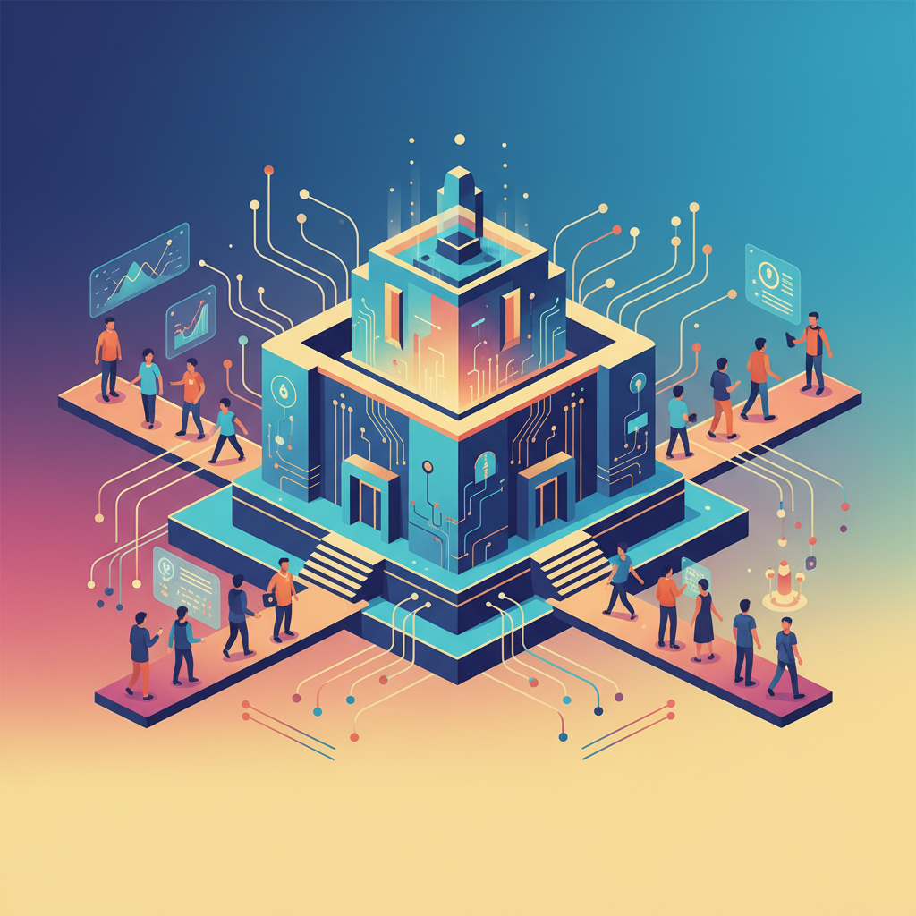 An abstract yet optimistic illustration of a futuristic government building with digital elements and a diverse group of people, clean infographic, modern layout, high contrast, colored background, no text, 4:3 aspect ratio