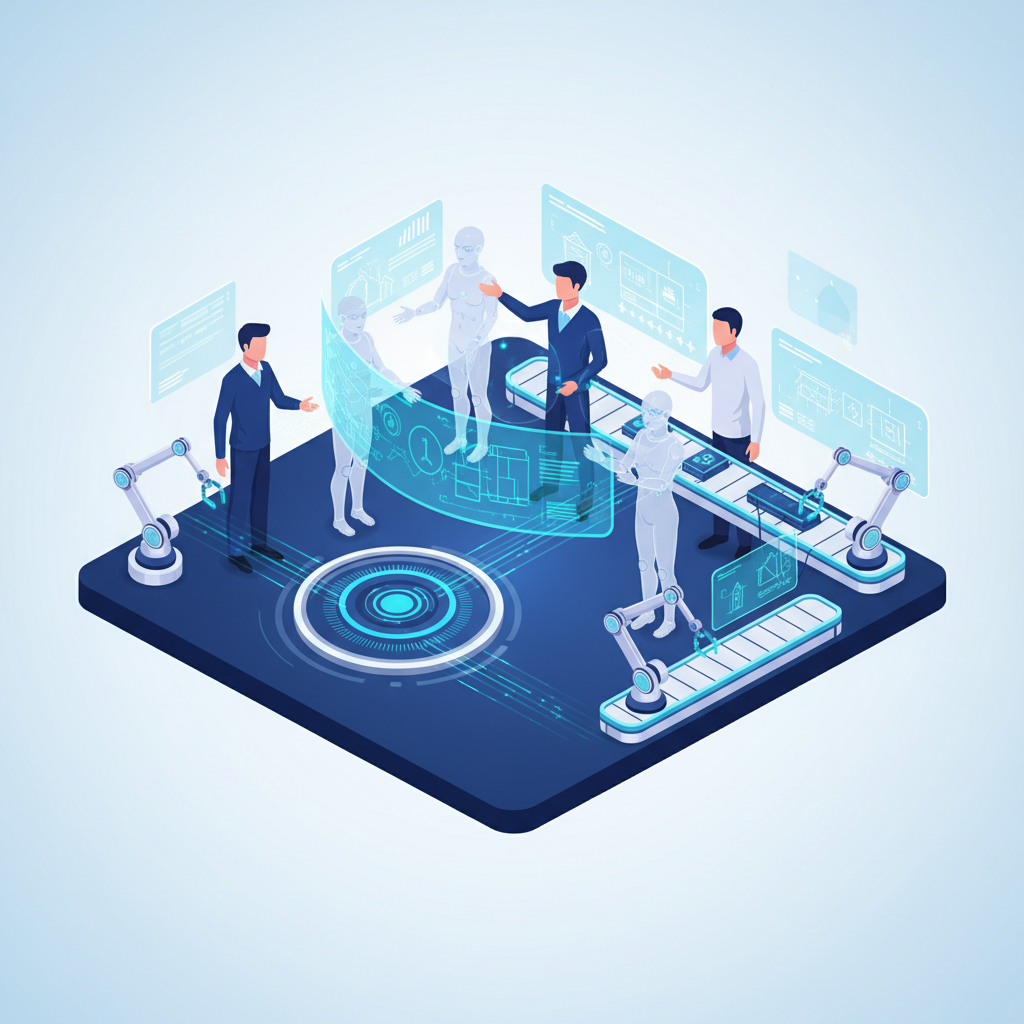 A modern, high-contrast infographic showing a futuristic workspace where humans collaborate seamlessly with AI agents on various tasks. Elements like holographic displays, efficient data processing, and smart automation are subtly illustrated. The background is a clean, bright gradient. No visible text, balanced lighting.