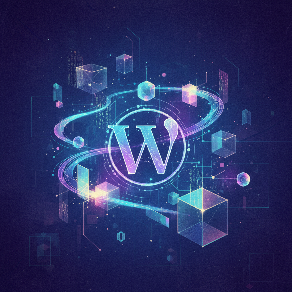 Illustration, artistic rendering, textured background. A stylized WordPress logo subtly integrated into a futuristic, clean AI development environment. Soft, glowing lines connect various abstract elements representing data and code. The background is a deep, rich color with subtle textures. No text.