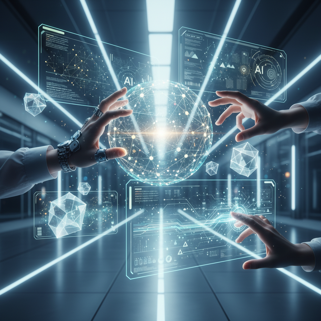 A brightly lit, futuristic scene showing human hands interacting with glowing holographic interfaces and AI elements, symbolizing collaboration and innovation. The background is a clean, modern lab or office setting with soft, balanced lighting. No text, clean infographic, modern layout, high contrast, colored background