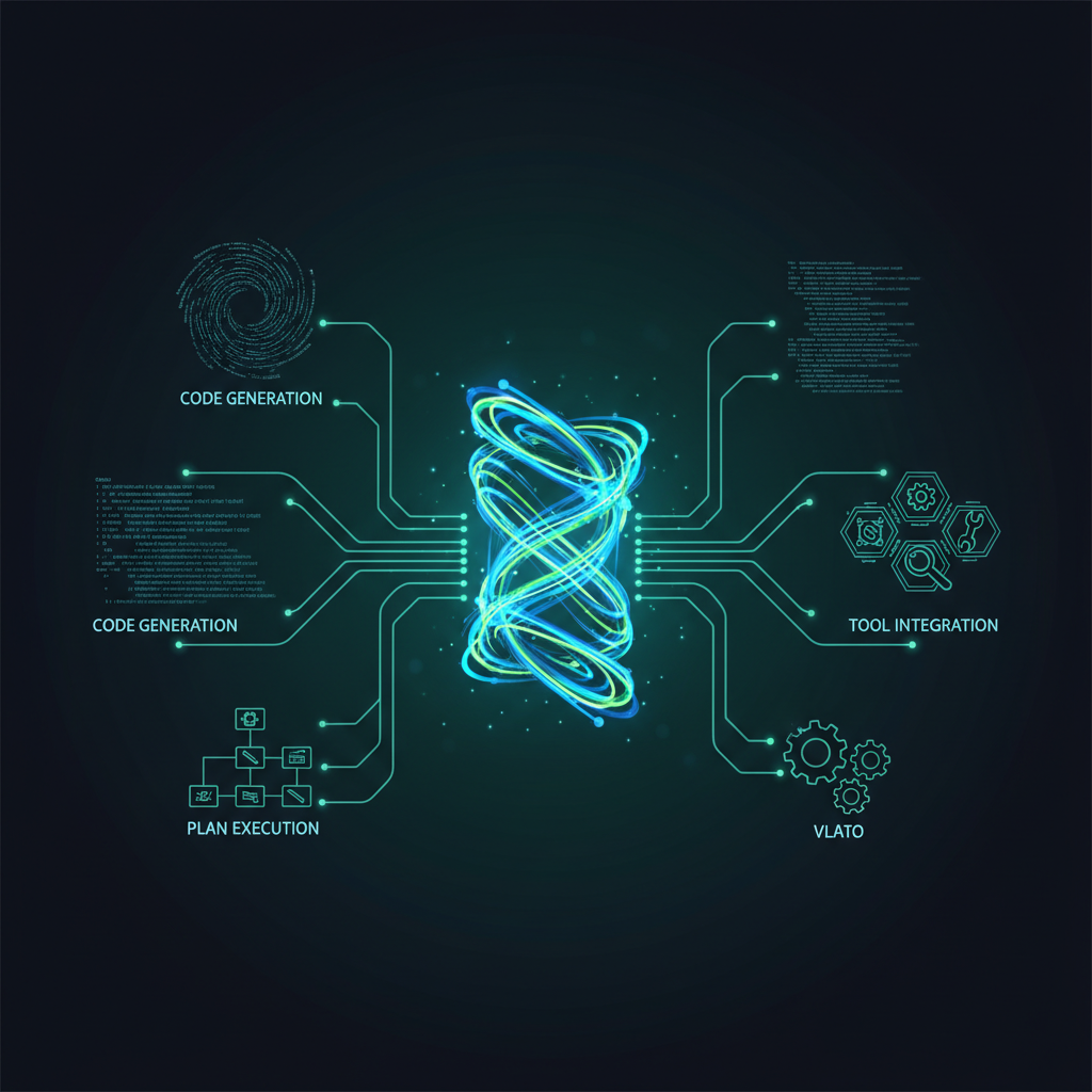A clean infographic illustrating a sophisticated AI agent at work, represented by a glowing abstract entity seamlessly interacting with various digital tasks like code generation, plan execution, and tool integration. Use a modern, high-contrast style with a dark blue and green gradient background. No visible text, focused on the dynamic flow of automated processes.