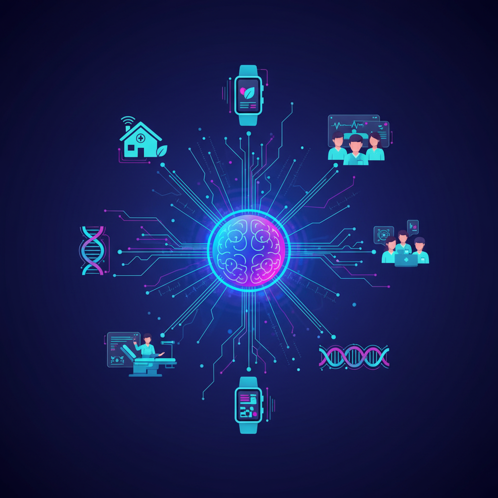 An imaginative infographic depicting a futuristic health ecosystem. Diverse elements like smart homes, wearable devices, and healthcare professionals are connected by glowing data lines to a central, intelligent AI core. The overall scene suggests seamless integration and personalized care. The background is a deep, textured blue-purple gradient. No text. Style: clean infographic, modern layout, high contrast.