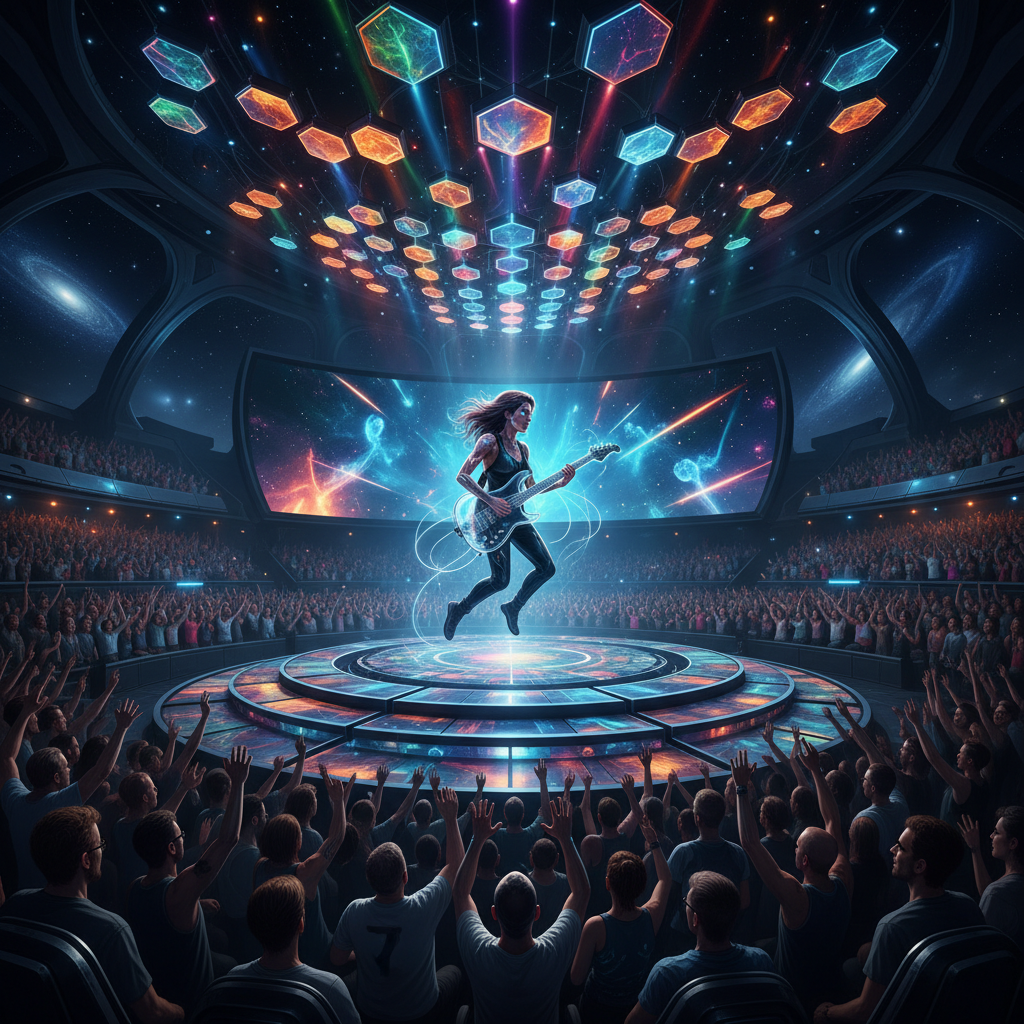 A futuristic concert hall with a human musician passionately performing on stage, vibrant lights, a large diverse audience, dynamic composition, rich dark background, no text, 4:3 aspect ratio