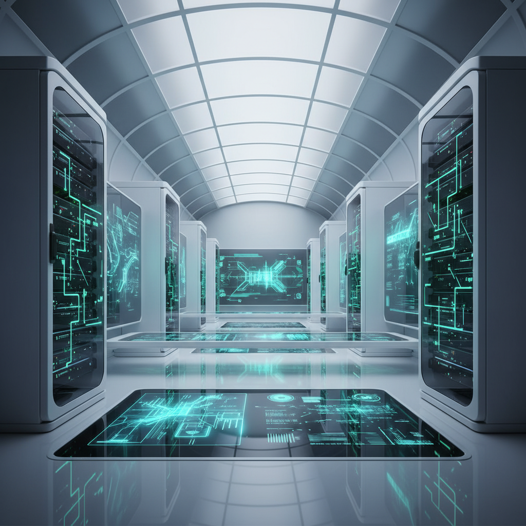 A futuristic, clean server room or data center, with glowing blue and green lights, representing advanced AI infrastructure. No visible text. The scene is full of modern technology, clean lines, and a sense of innovation. Style: clean infographic, modern layout, high contrast. No text.