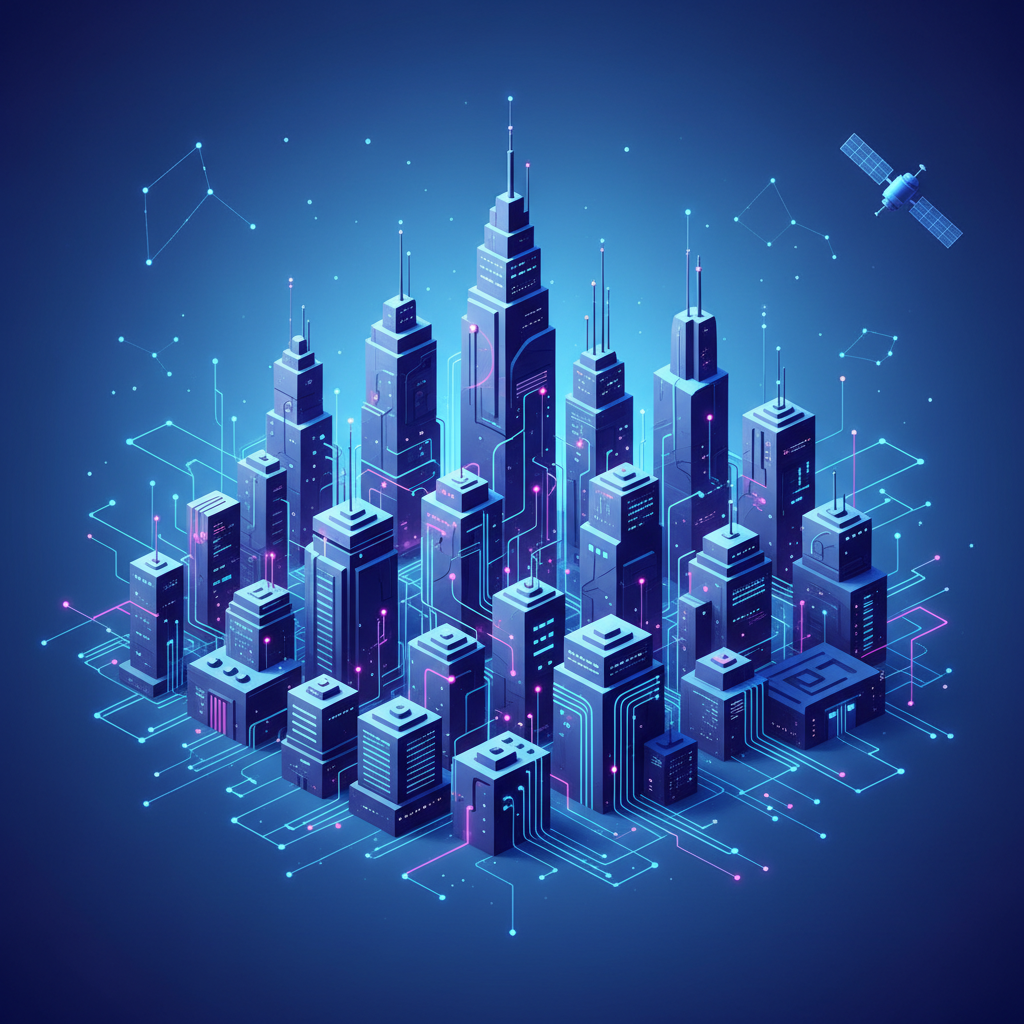 Futuristic city skyline with glowing neural network lines connecting various industry sectors (represented by abstract building shapes). The lines symbolize the flow of AI technology and innovation. Bright, balanced lighting, modern illustration style, gradient background. No visible text. Centered focus, visually rich.