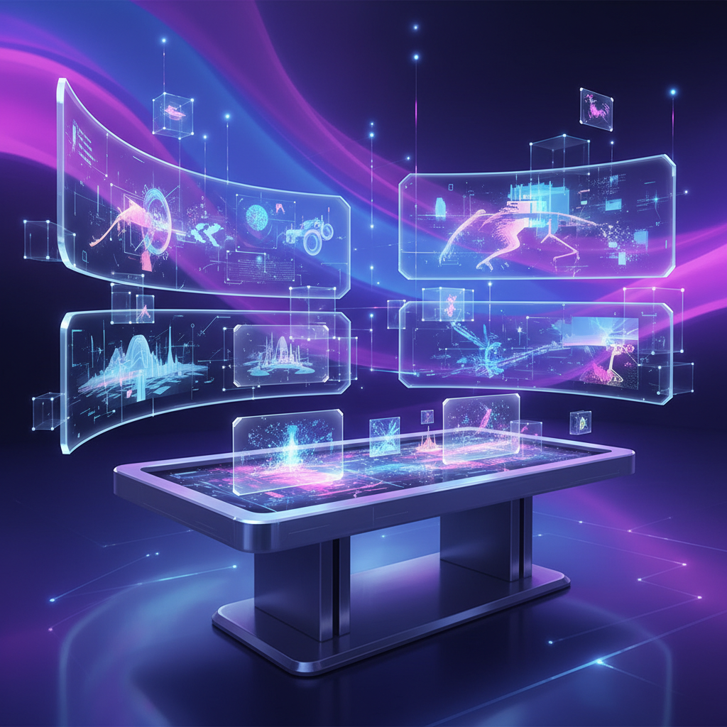 A visually rich, futuristic digital art studio with glowing screens and abstract shapes, symbolizing advanced image generation capabilities. The background features a dynamic gradient of purples and blues. No text.