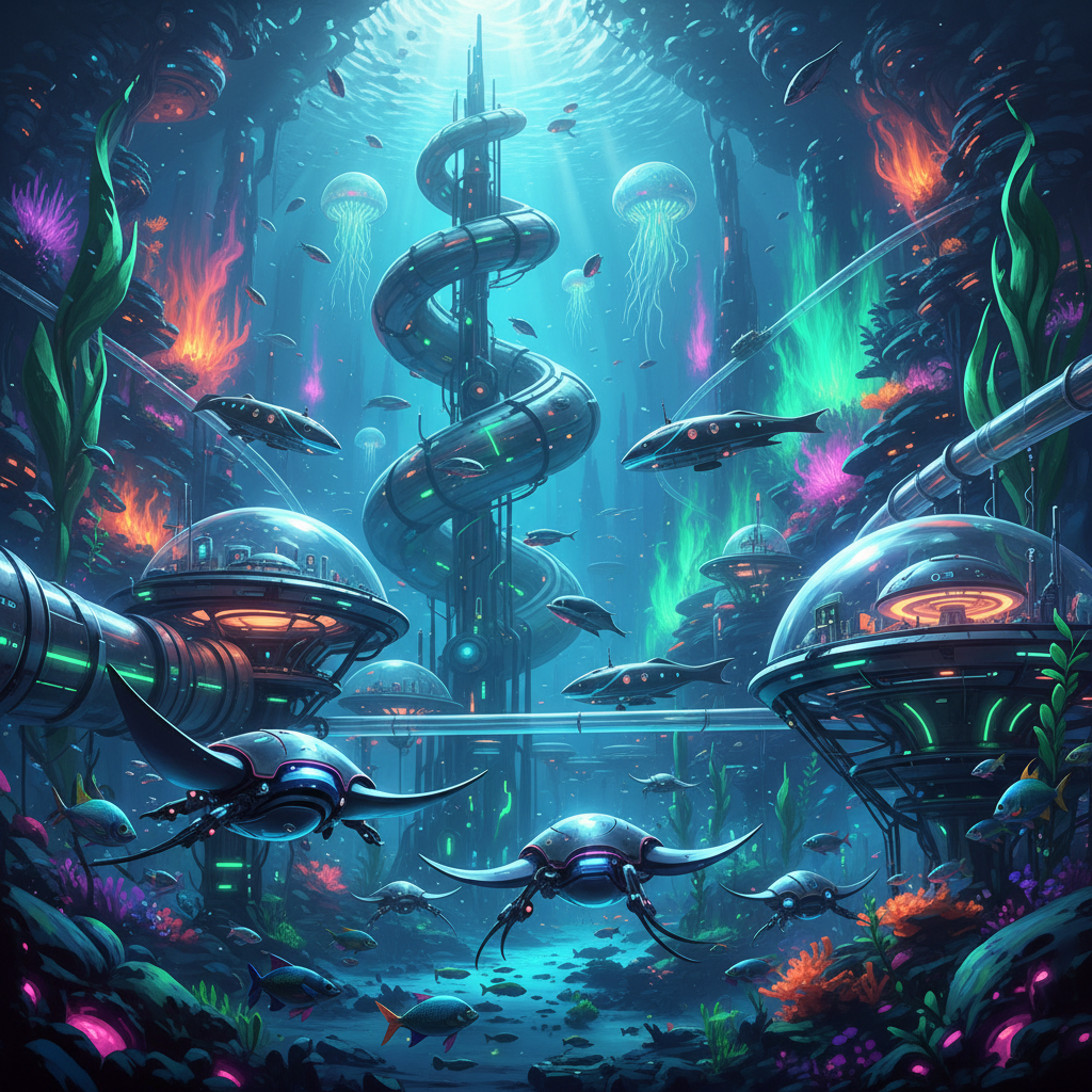 Futuristic vision of underwater robots coexisting with advanced marine infrastructure, detailed composition, vibrant colored background, no text