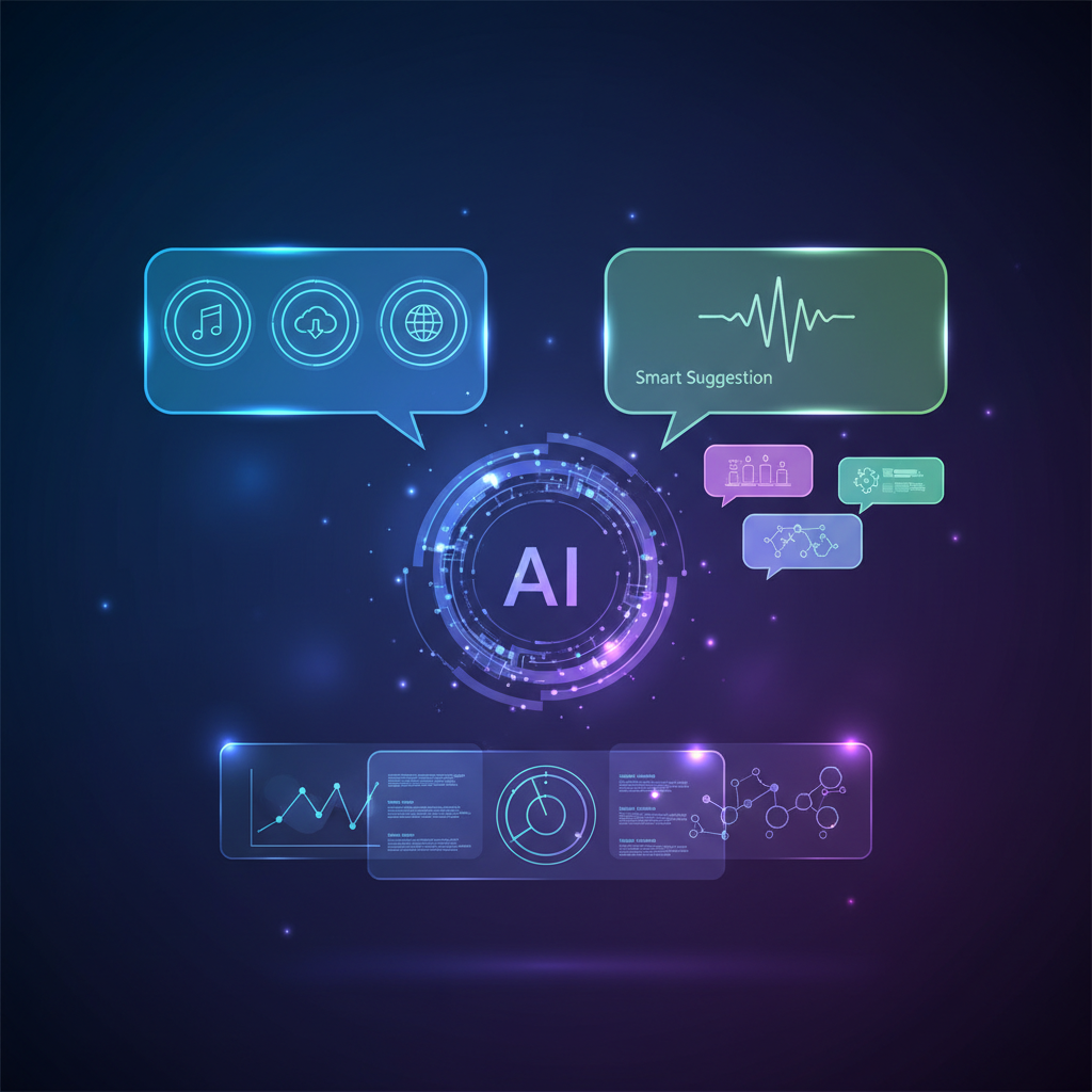 A clean infographic showing a future-forward user interface (UI) design for an AI assistant, with speech bubbles and smart suggestions. Modern layout, high contrast, colored background, no text, 1:1 aspect ratio