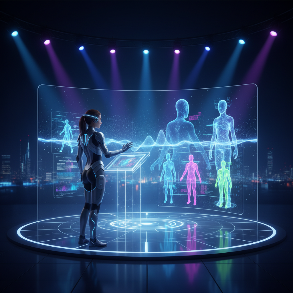A futuristic conference setting with a speaker presenting on digital avatar technology, advanced holographic displays, dynamic lighting, dark gradient background, no text