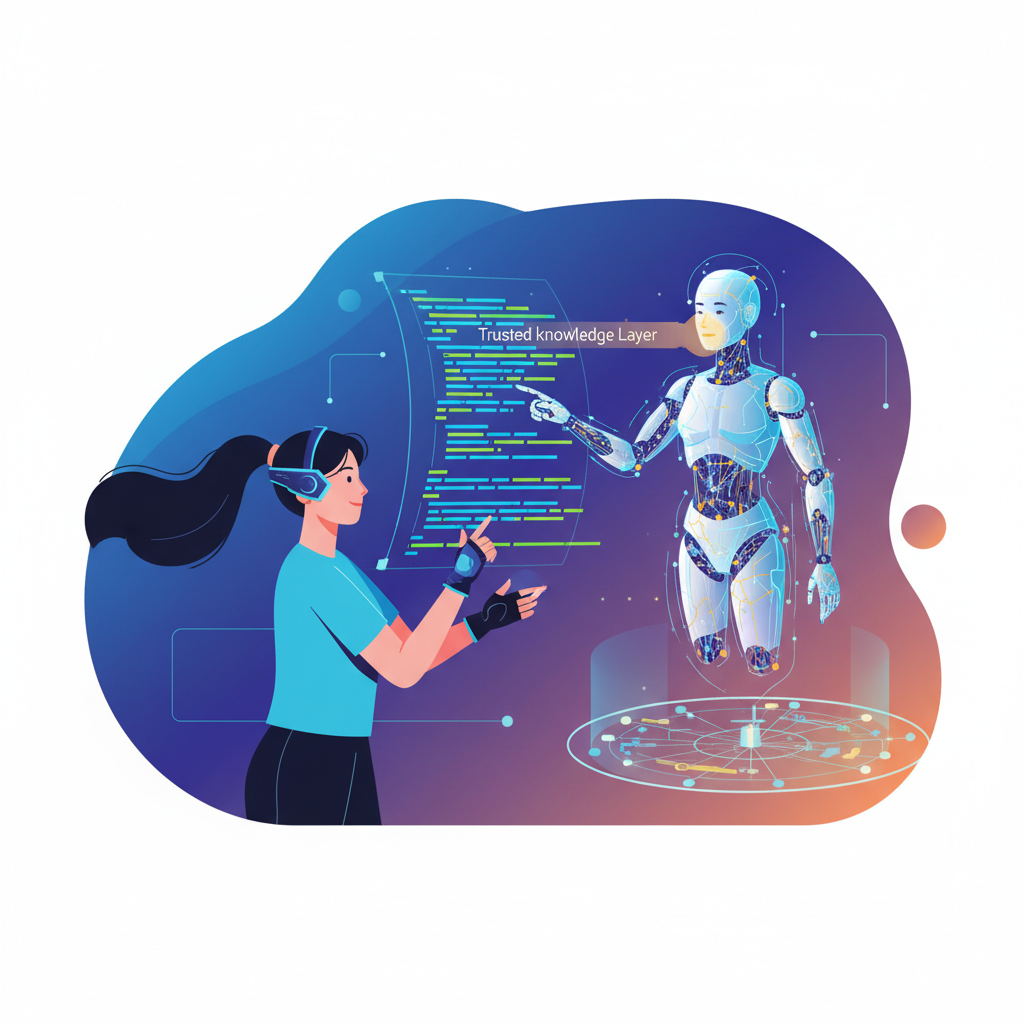 A futuristic coding environment where a Korean human developer and an AI assistant work collaboratively on a complex problem, symbolizing a trusted knowledge layer. High contrast, clean infographic style, colored gradient background, no text.