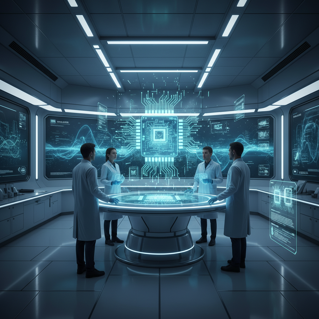 A futuristic, sleek laboratory setting where scientists are observing a holographic projection of an advanced microchip design. The room is filled with soft, intelligent lighting, and the overall atmosphere is one of innovation and discovery. Centered focus, visually rich, no empty margins, No visible text in image. If UI elements needed, English-only minimal text. Style: clean infographic, modern layout, high contrast.