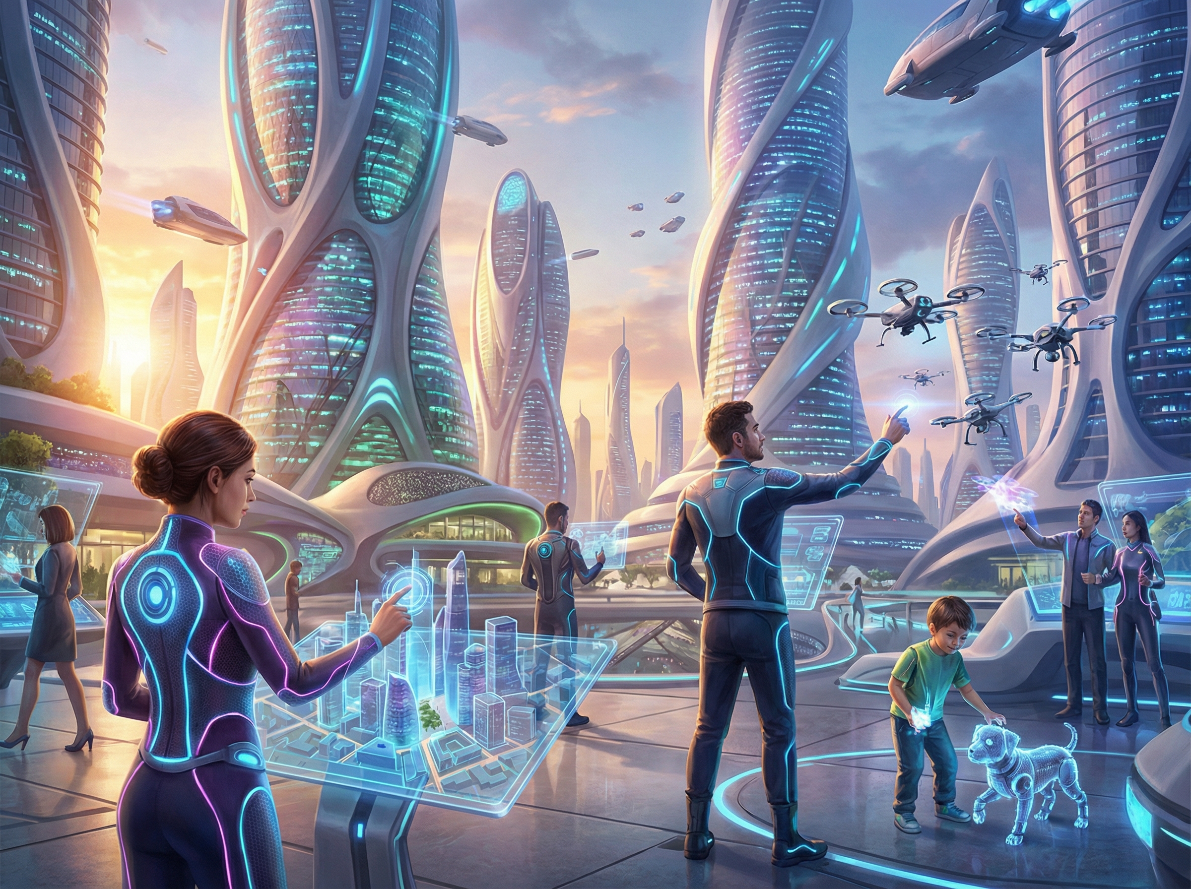 A futuristic city scene with people interacting seamlessly with AI technologies, advanced interface, dynamic lighting, warm and cool color palette, no text, aspect ratio 4:3