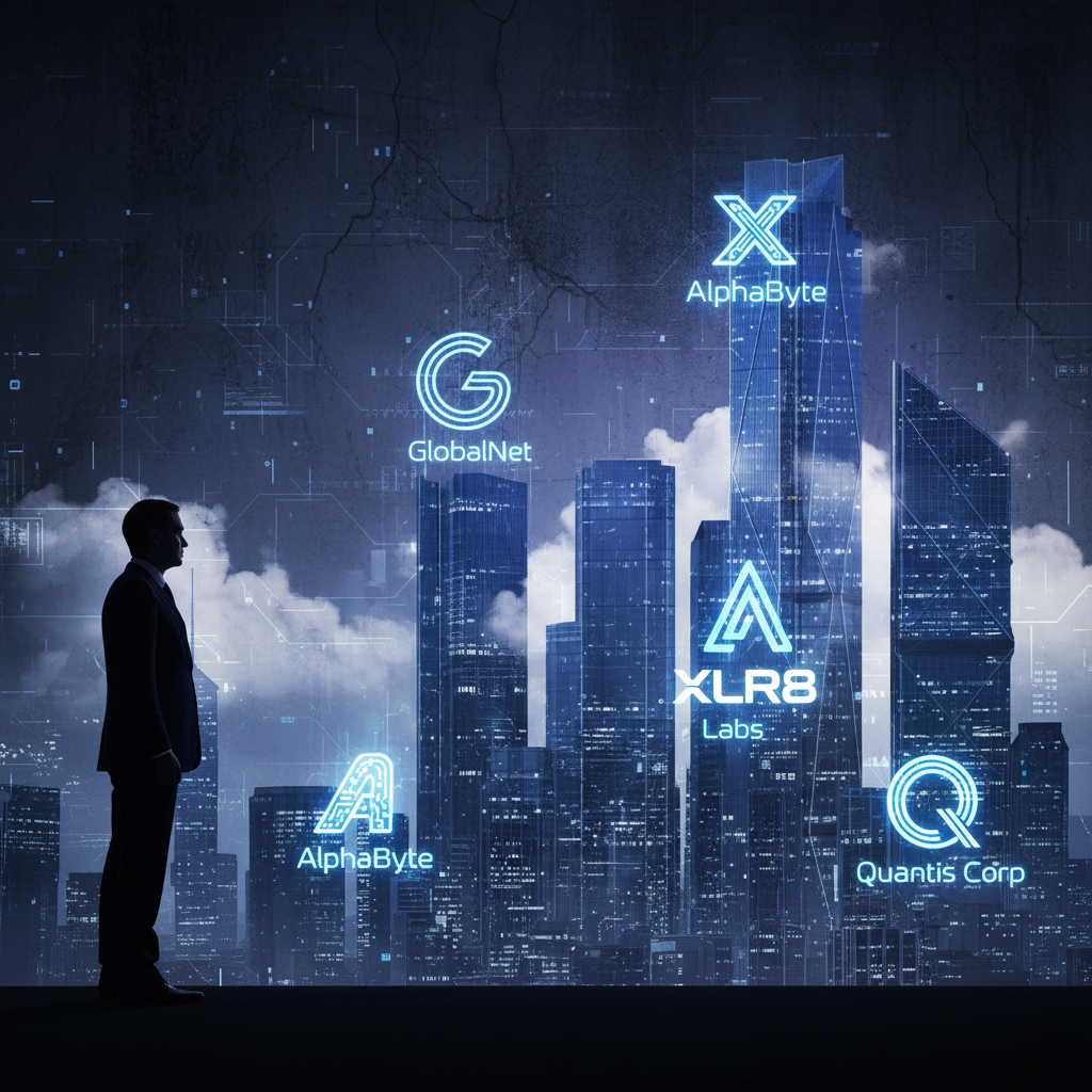A silhouette of a British politician looking towards a cityscape with tech company logos, symbolic of future trends, dramatic lighting, textured background, no text, 4:3 aspect ratio