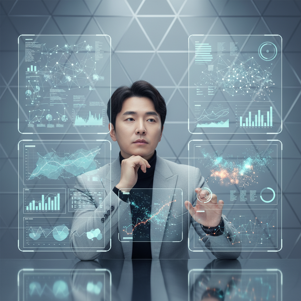 A person thoughtfully looking at various data points and screens, representing smart decision-making and future prediction. The scene has a modern, clean infographic style with a subtle textured background, no text, and bright, balanced lighting, 1:1 aspect ratio, centered focus, Korean appearance.