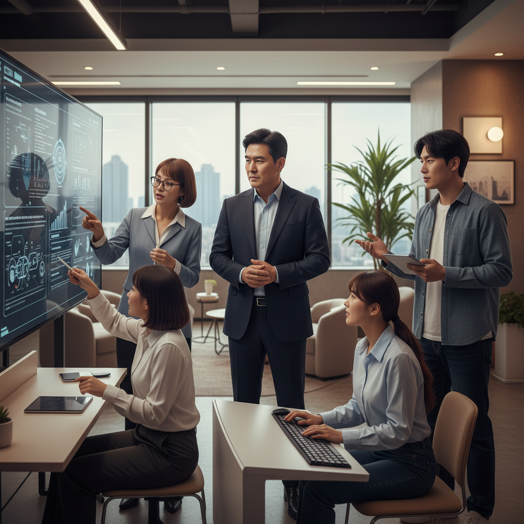 A new leader (Korean appearance, male) stands confidently at the head of a diverse, collaborative AI development team, with several other tech professionals (Korean appearance, diverse genders) engaged in discussion around a modern display. The scene conveys innovation, strategic shift, and teamwork in a tech company setting. The style is lifestyle photography, with warm, balanced lighting and a natural, contemporary office background, visually rich, no empty margins. No visible text, no UI elements, no Korean characters.