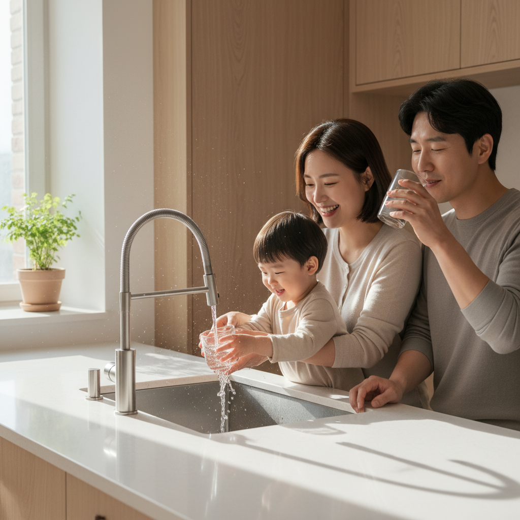 A hopeful lifestyle photography scene of a Korean family, including a child, happily drinking clean water from a tap in a modern kitchen. Sunlight streams through a window, emphasizing freshness and safety. Focus on family, purity, and home. Style: lifestyle photography, warm lighting, natural setting. No text.