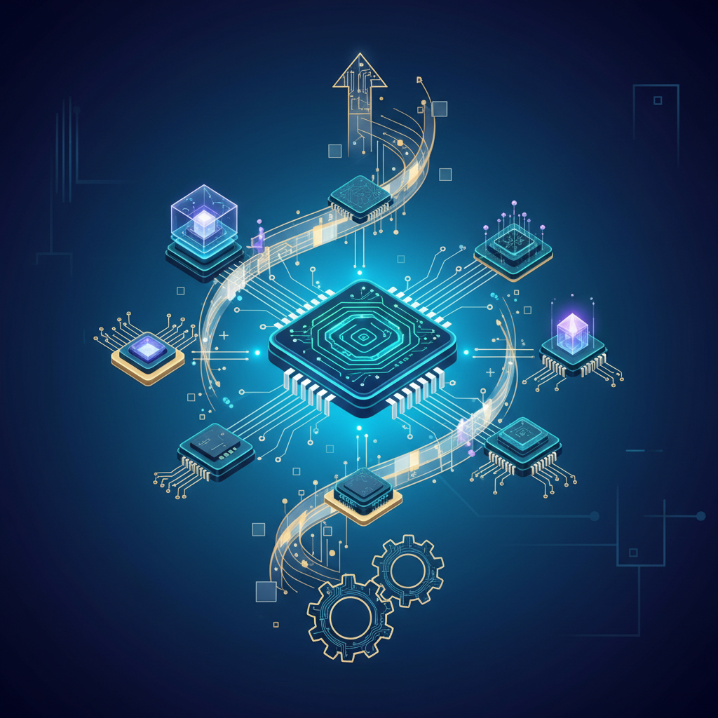 An illustrative infographic showcasing the continuous evolution and collaboration in future semiconductor technology. Depict complex microchips and various components working together in a dynamic and innovative environment. Clean design, high contrast. No text.