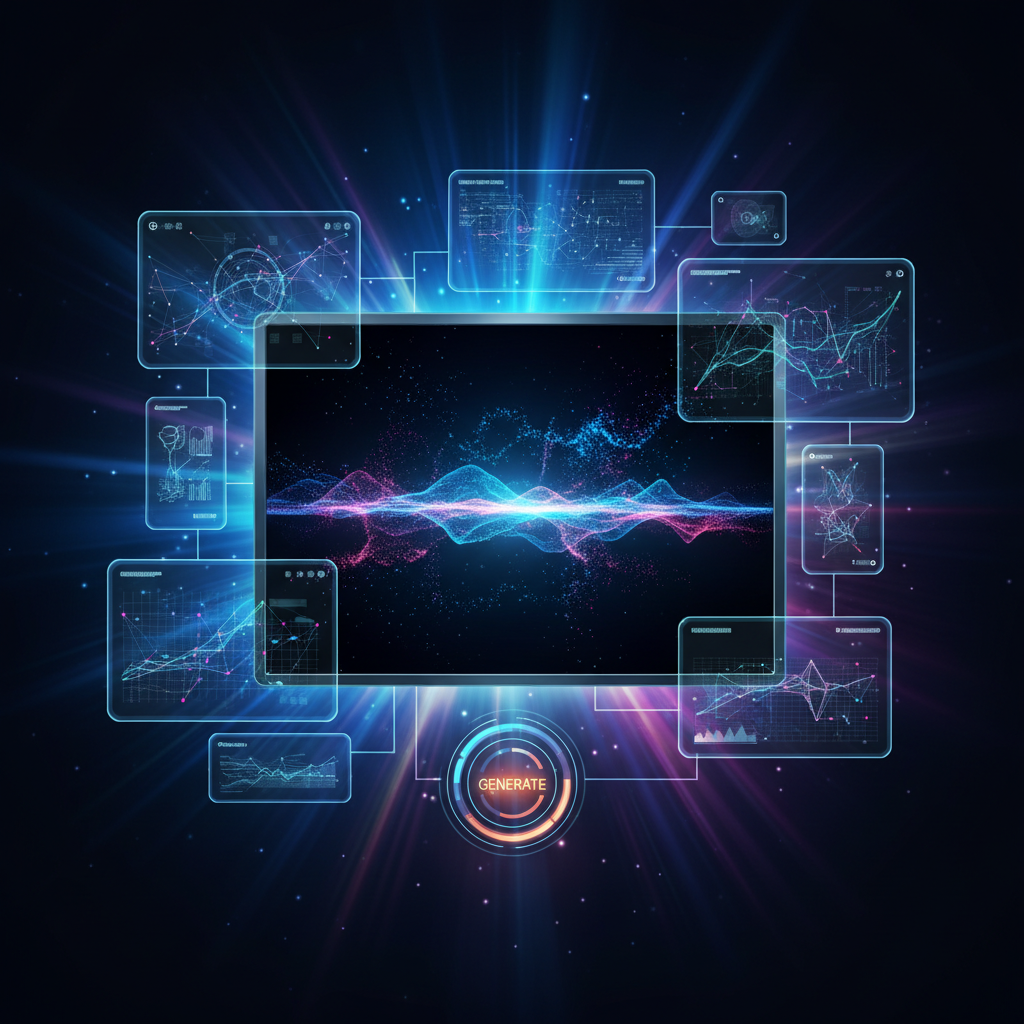 A futuristic interface showing advanced AI image generation capabilities, with subtle glowing elements and a sense of innovation, illustration, modern layout, high contrast, no visible text in image, 1:1 aspect ratio, bright lighting, colored background.