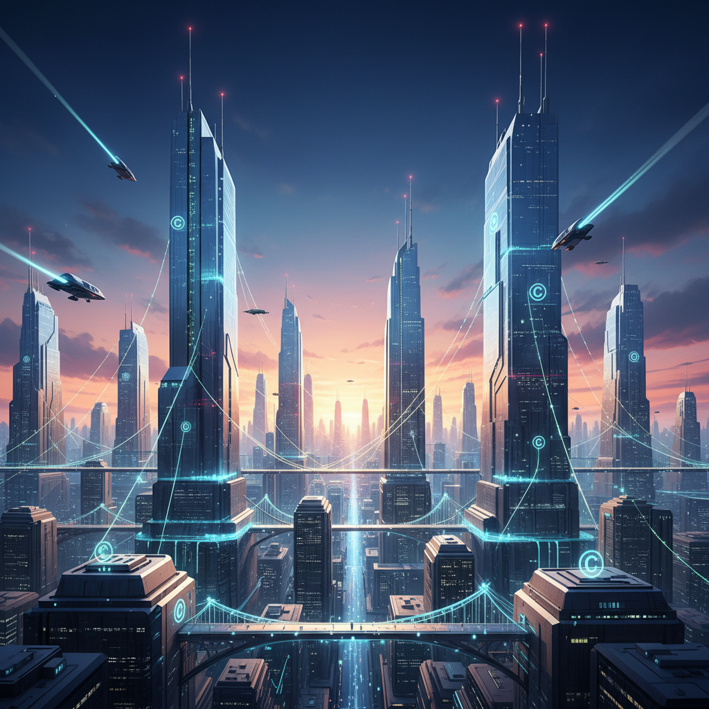 A futuristic cityscape with glowing AI network lines, and subtle copyright symbols integrated into the architecture, conceptual illustration, vibrant gradient sky, no text.