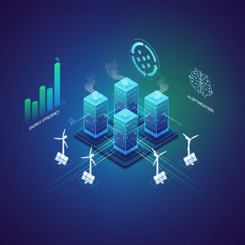A futuristic data center operating with high energy efficiency, clean infographic, modern layout, high contrast, colored background, no text, 4:3 aspect ratio