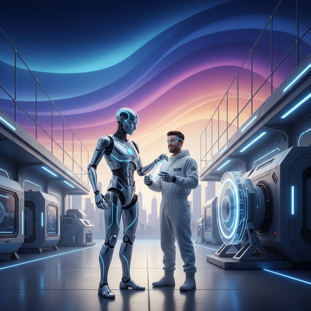 A visionary scene of a humanoid robot seamlessly collaborating with a human worker in a futuristic, clean industrial environment, detailed composition, gradient background, no text