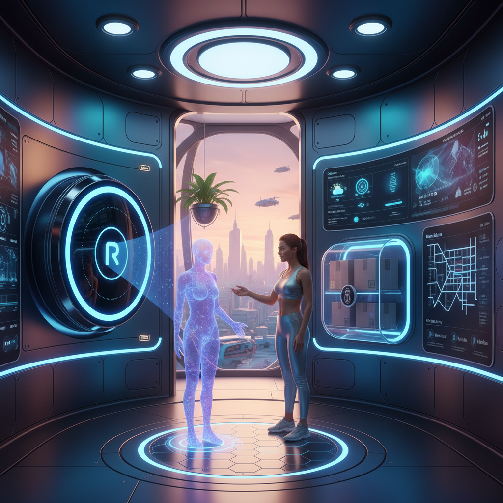 Futuristic smart home environment with a Ring doorbell AI acting as a central hub for visitor interaction. Detailed composition, vibrant colors, advanced technology, no text, 1:1 aspect ratio