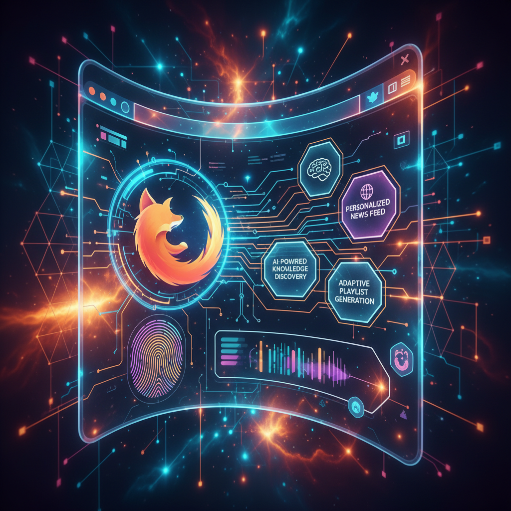A futuristic Firefox browser blending seamlessly with AI capabilities, showing intelligent content suggestions and a personalized user interface, vibrant colors, detailed composition, colored background, no text, 4:3 aspect ratio