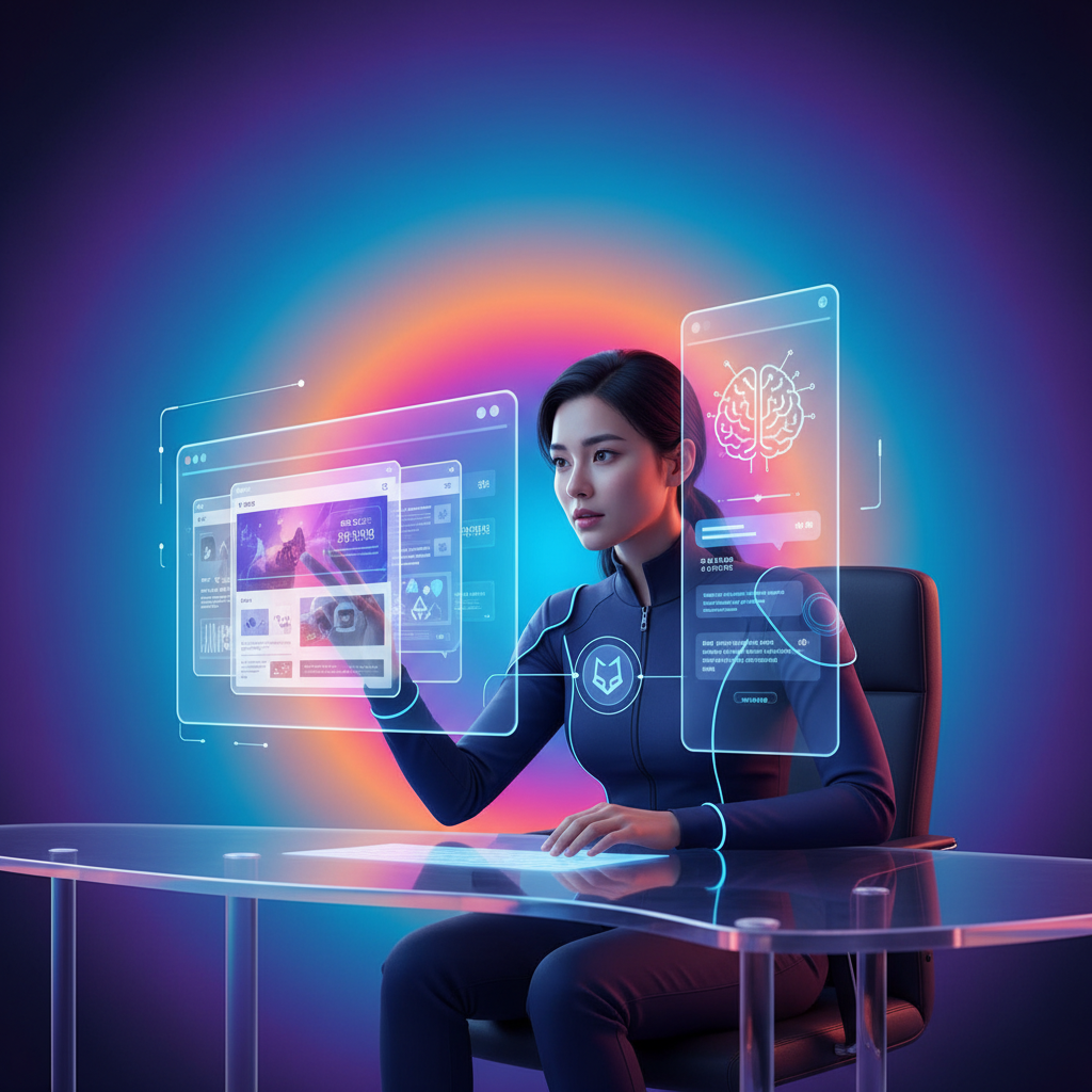 clean infographic, modern layout, high contrast, A user interacting with a futuristic web browser interface that has an AI assistant panel. The browser is sleek, showing various web pages and a chatbot window. The user is a Korean person, focused and intrigued. Vibrant gradient background, bright lighting, centered focus, no text.