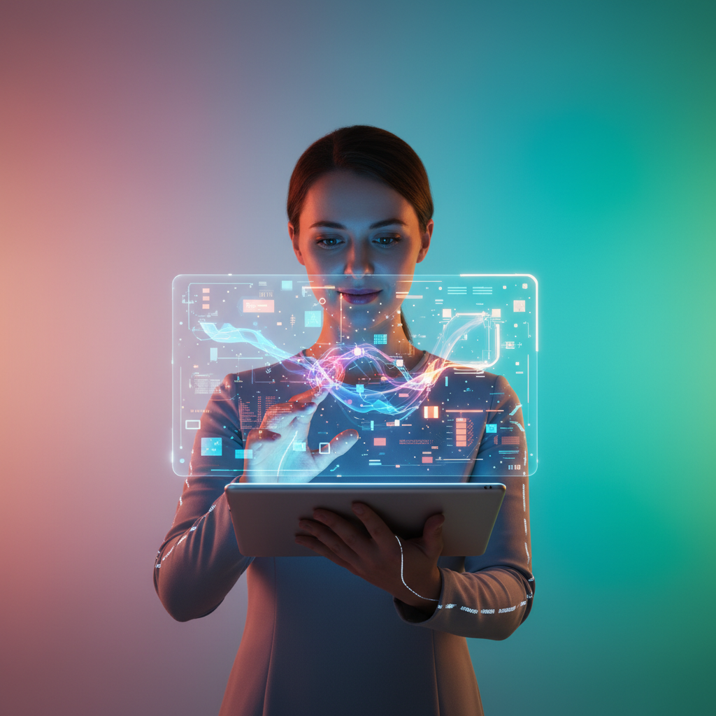 A person interacting with a futuristic AI interface on a tablet, clean modern layout, vibrant gradient background, centered focus, no text, bright, balanced lighting